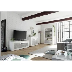 Meuble TV 3 portes battantes URBINO blanc brillant et cement
