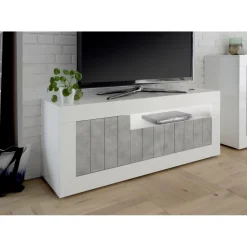 Meuble TV 3 portes battantes URBINO blanc brillant et cement