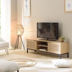 Meuble TV 2 portes cannage naturel pieds métal noir MARCEAU