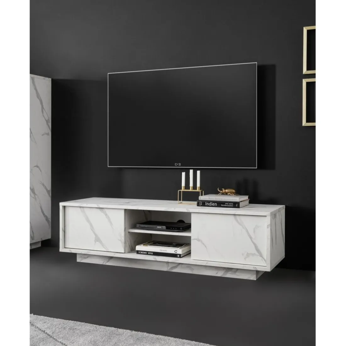 Meuble TV 2 portes CARRARA décor marbre blanc