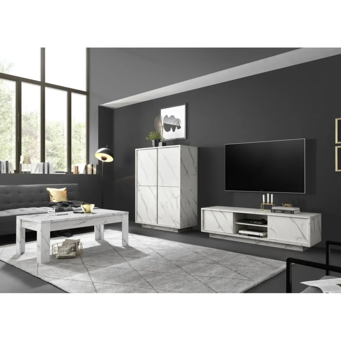 Meuble TV 2 portes CARRARA décor marbre blanc