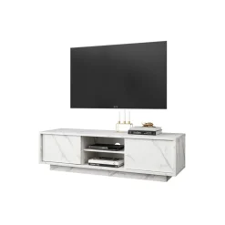 Meuble TV 2 portes CARRARA décor marbre blanc