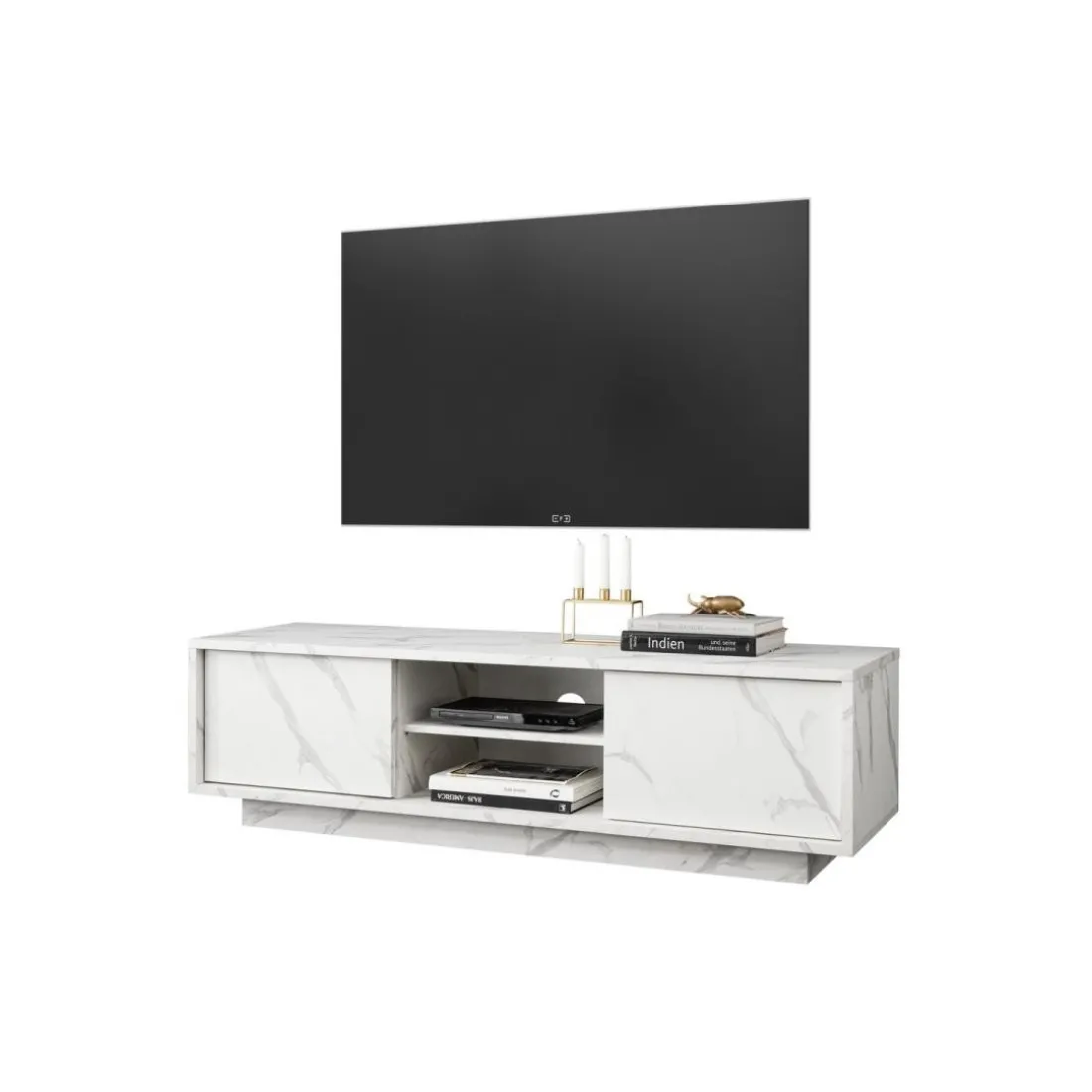 Meuble TV 2 portes CARRARA décor marbre blanc