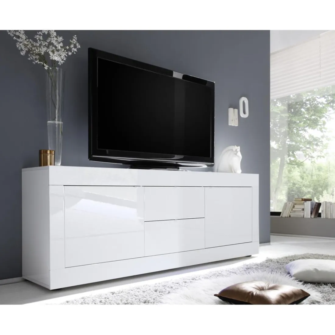 Meuble TV 2 portes et 2 tiroirs BASIC décor marbre blanc