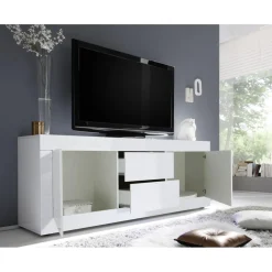 Meuble TV 2 portes et 2 tiroirs BASIC décor marbre blanc