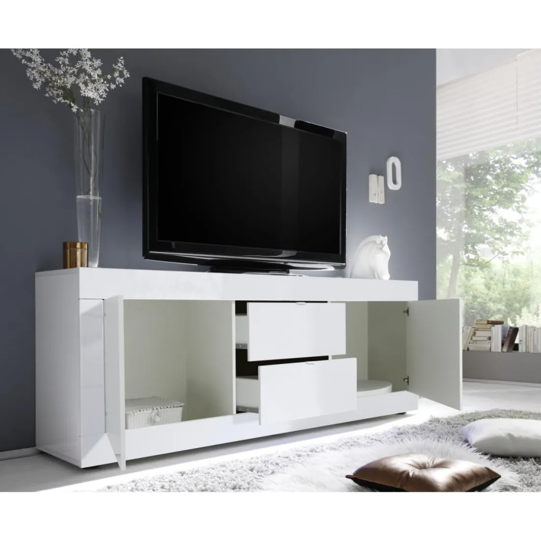 Meuble TV 2 portes et 2 tiroirs BASIC décor marbre blanc