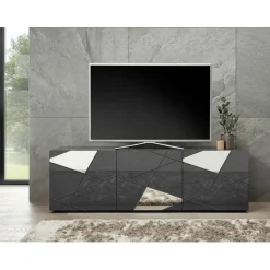 Meuble TV 3 portes gris laqué avec sérigraphie et miroir