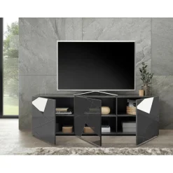 Meuble TV 3 portes gris laqué avec sérigraphie et miroir