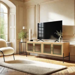 Meuble TV 4 portes vitrées encadrement vert pin et métal noir HELENA