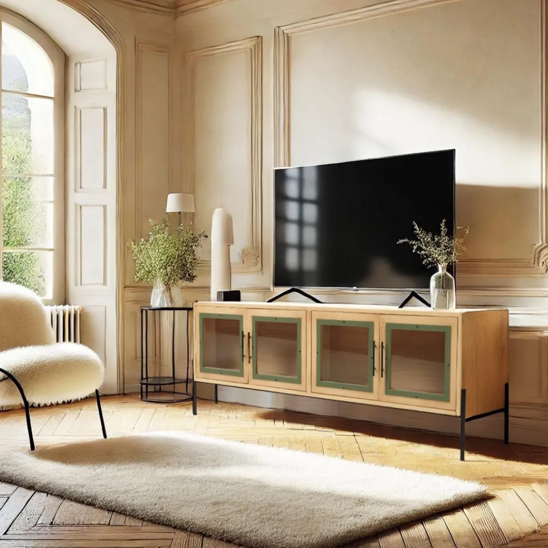 Meuble TV 4 portes vitrées encadrement vert pin et métal noir HELENA