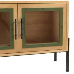 Meuble TV 4 portes vitrées encadrement vert pin et métal noir HELENA