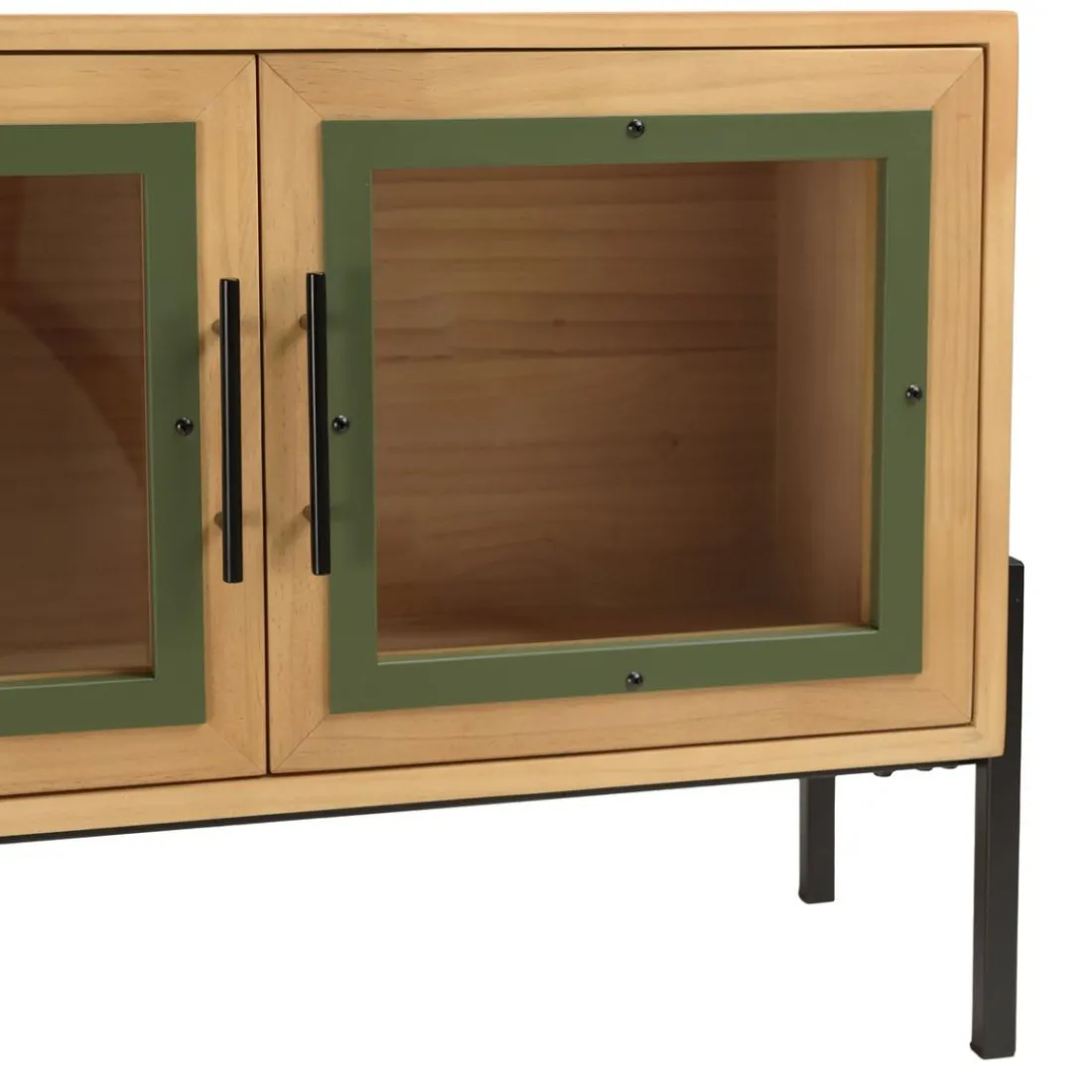 Meuble TV 4 portes vitrées encadrement vert pin et métal noir HELENA