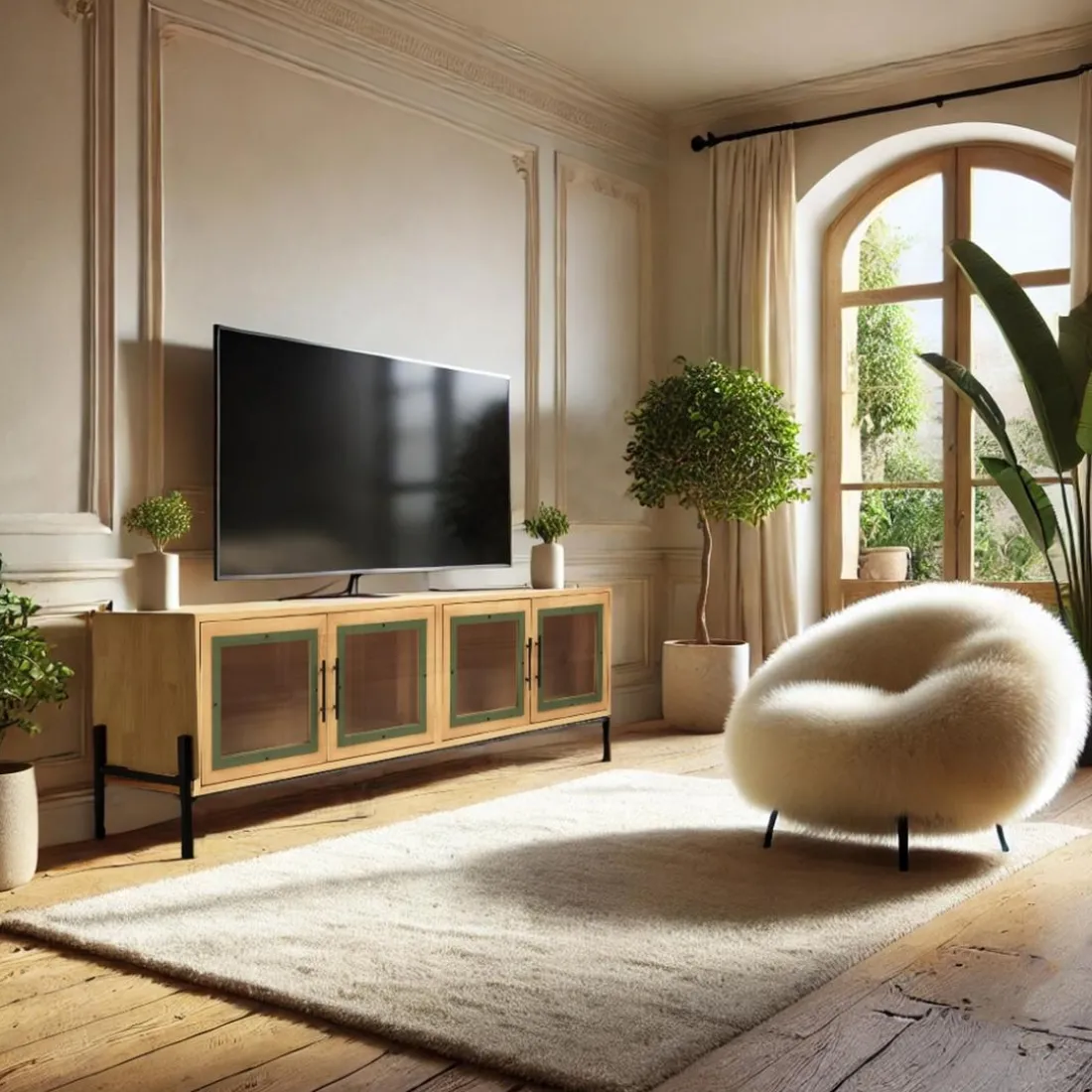Meuble TV 4 portes vitrées encadrement vert pin et métal noir HELENA