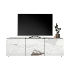 Meuble TV 3 portes VITTORIA blanc laqué avec sérigraphie