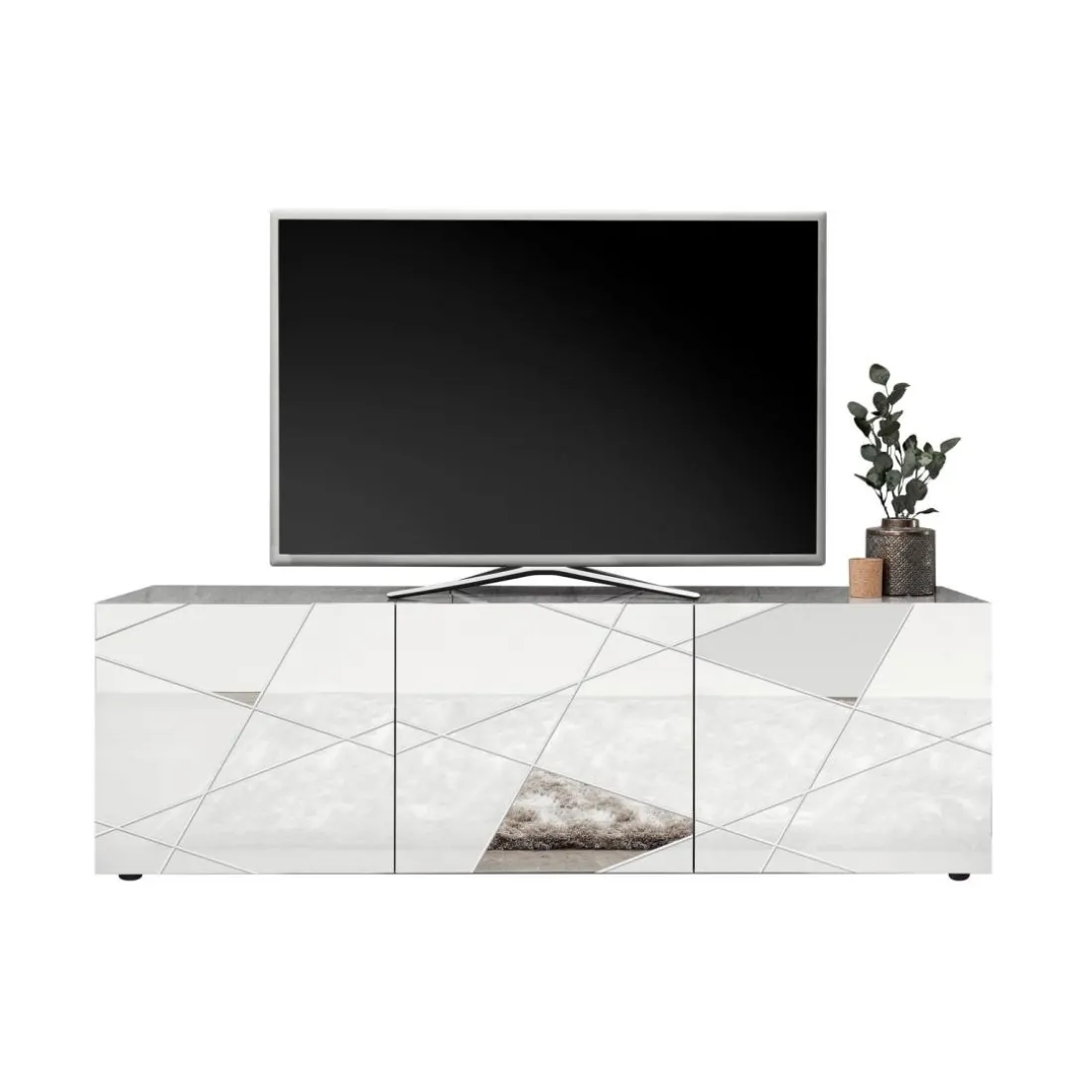 Meuble TV 3 portes VITTORIA blanc laqué avec sérigraphie