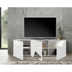 Meuble TV 3 portes VITTORIA blanc laqué avec sérigraphie