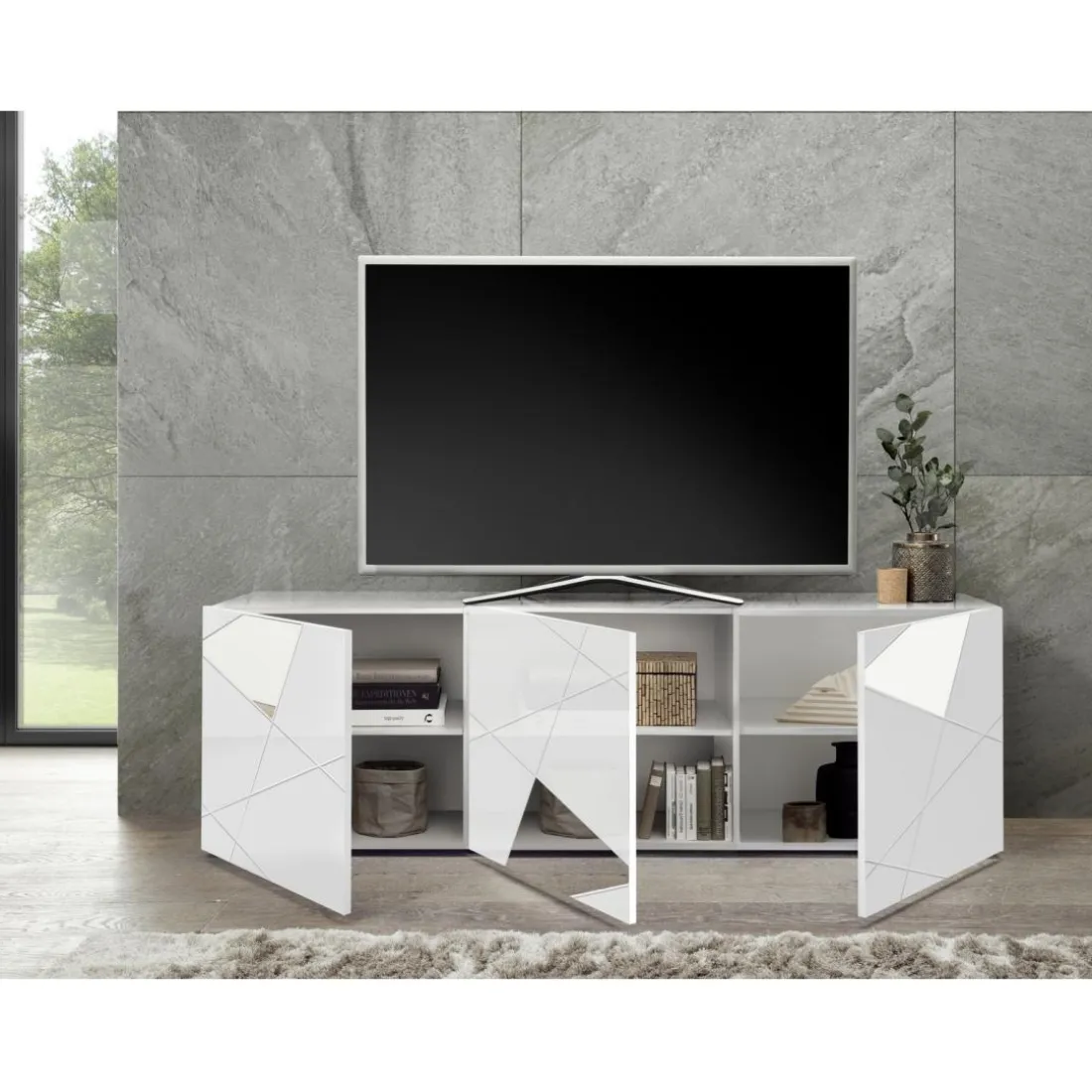 Meuble TV 3 portes VITTORIA blanc laqué avec sérigraphie