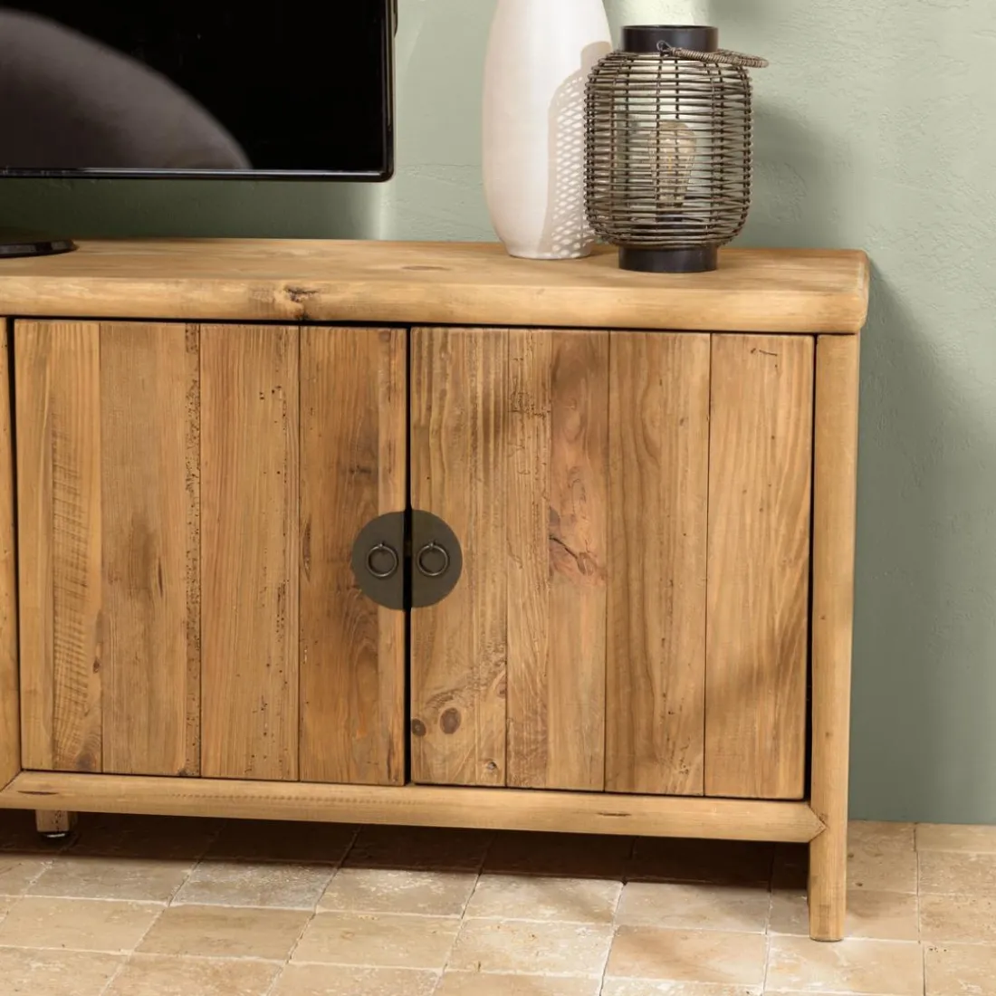 Meuble TV 2 tiroirs 4 portes bois pin recyclé SANDY