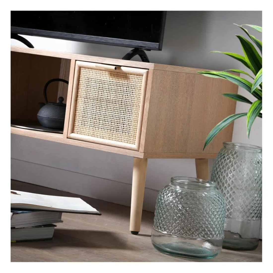 Meuble TV avec 2 Tiroirs Façades Rotin en bois Beige