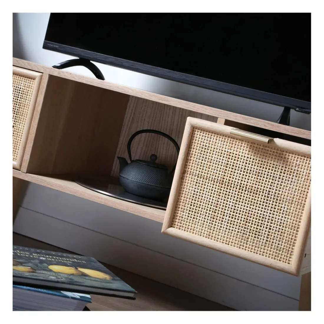 Meuble TV avec 2 Tiroirs Façades Rotin en bois Beige