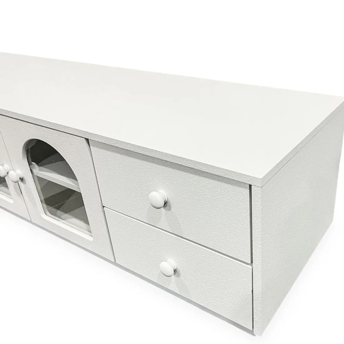 Meuble tv avec portes et tiroirs style naturel chic Volos Blanc texturé