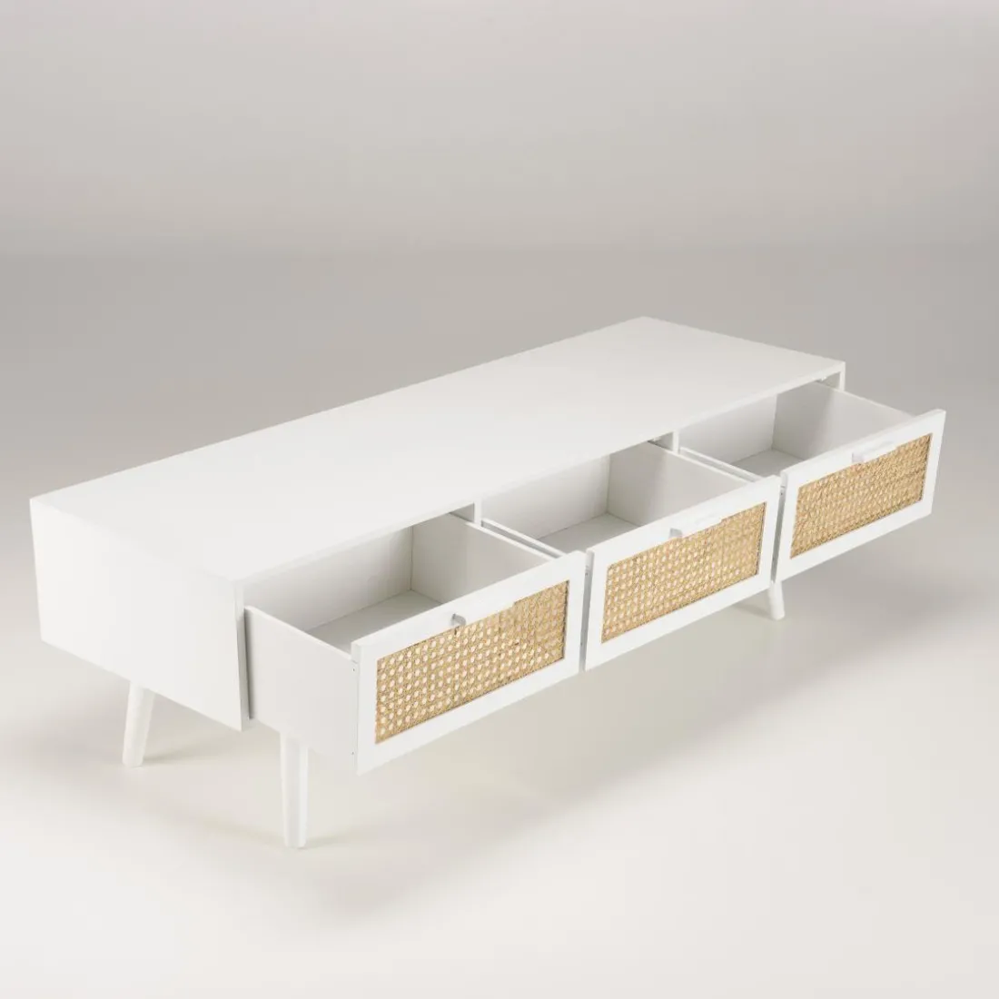 Meuble TV blanc 3 tiroirs cannage naturel