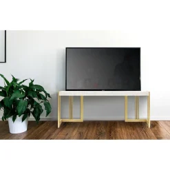 Meuble TV design 140cm Marbre Blanc et pieds Métal Or