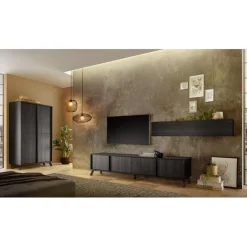 Meuble TV lowboard 4 portes chene noir