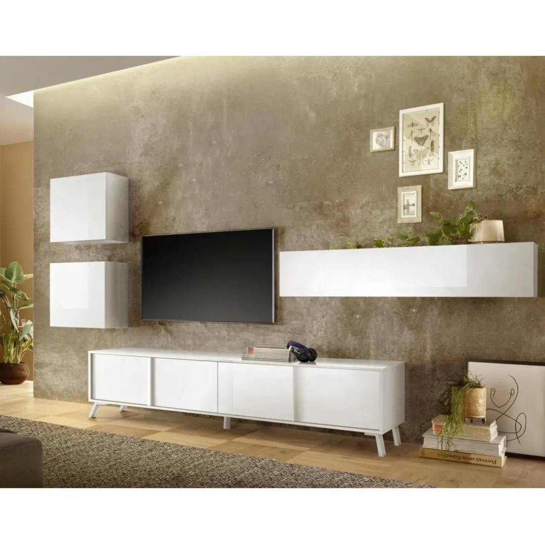 Meuble TV lowboard 4 portes blanc lacqué