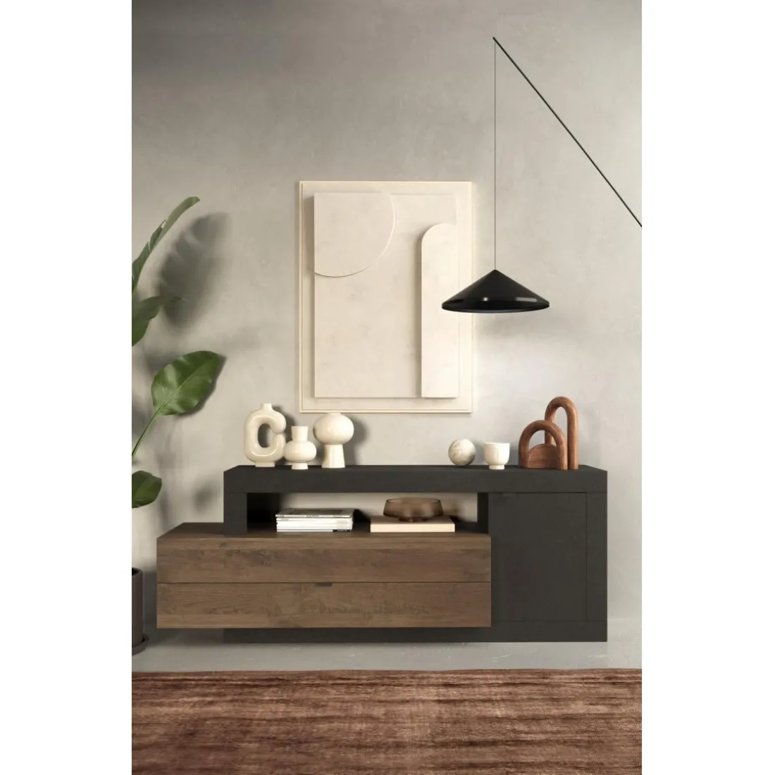 Meuble TV Lowboard 1 porte et 2 tiroirs marron