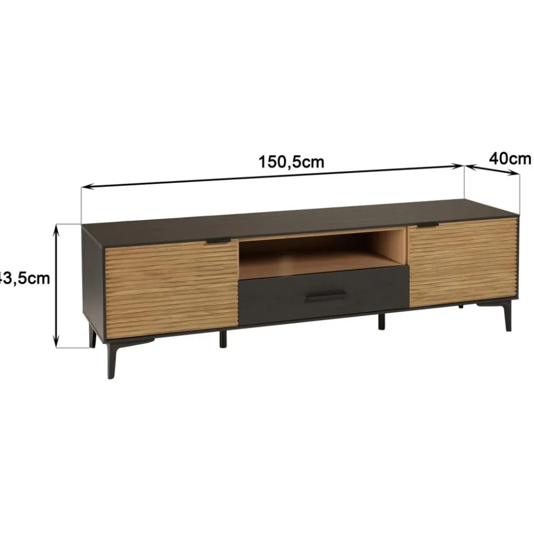 Meuble TV marron, noir 2 p. 1 tiroir 1 niche Pin pieds métal
