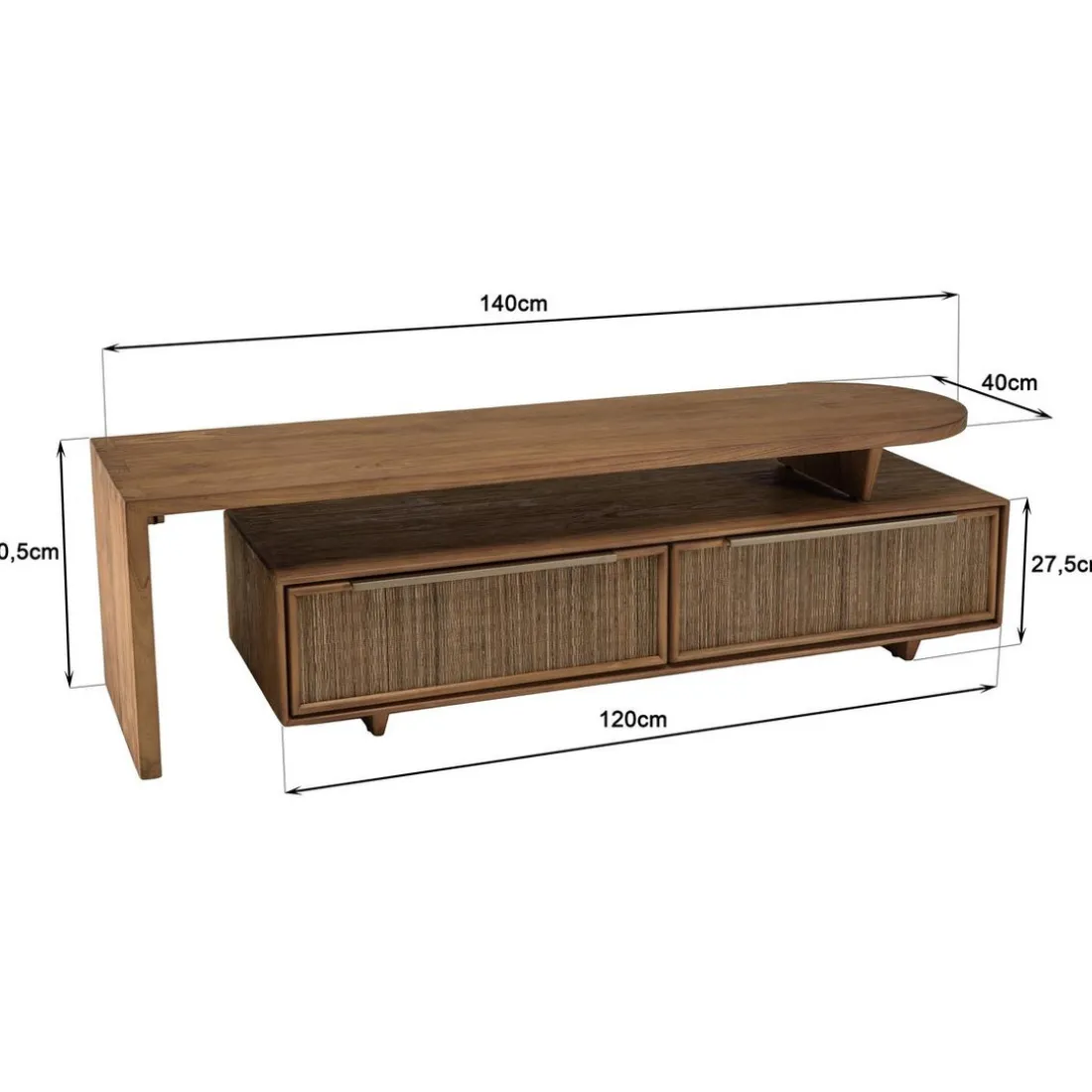 Meuble TV modulable 140x40cm 2 tiroirs en bois teck recyclé
