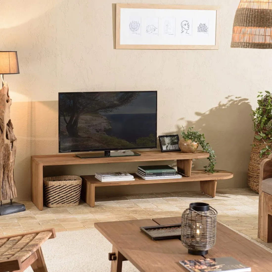 Meuble TV modulable 160x40cm en bois de teck recyclé naturel