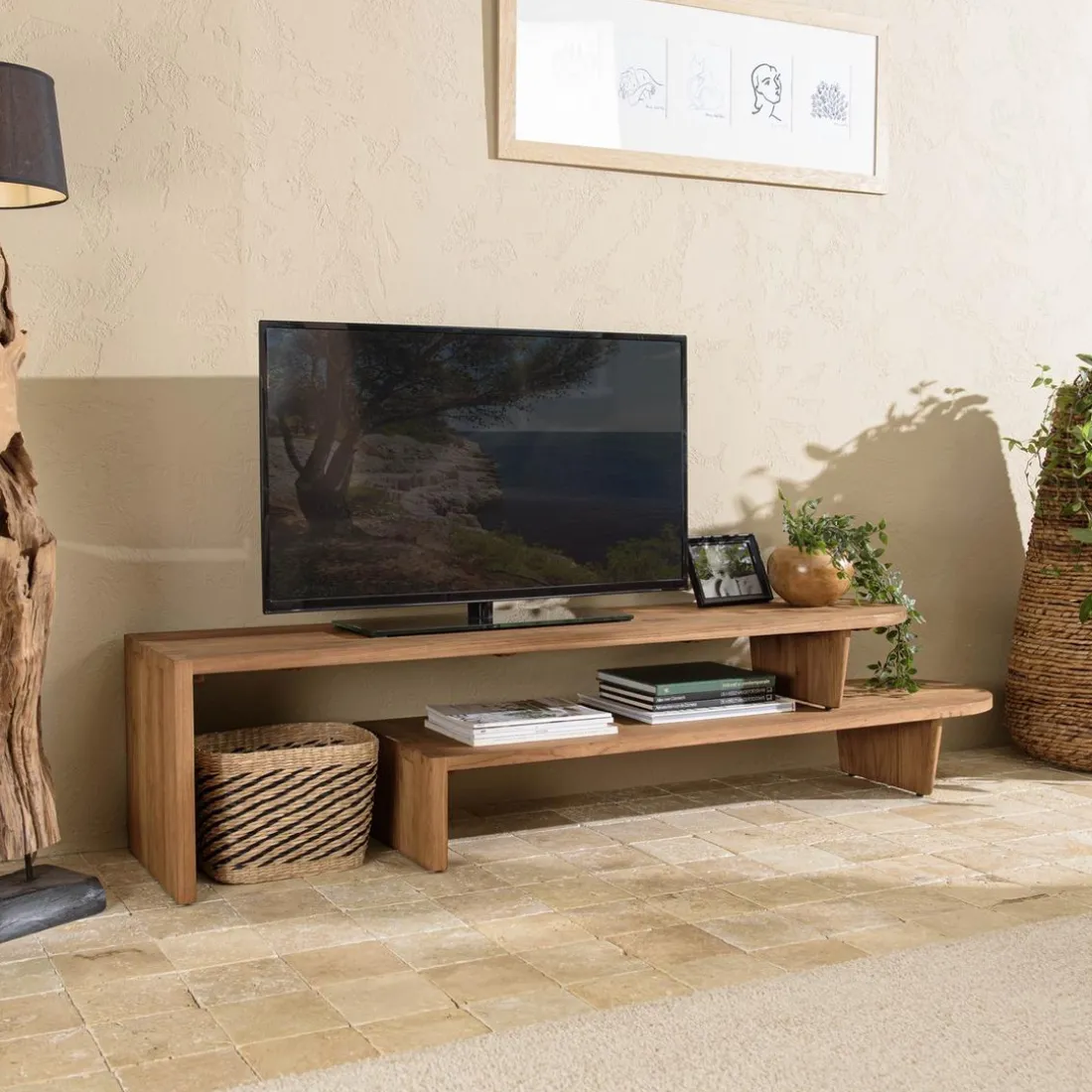Meuble TV modulable 160x40cm en bois de teck recyclé naturel