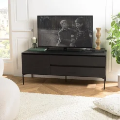 Meuble TV noir 1 porte 2 tiroirs pieds métal noir MAXENDRE