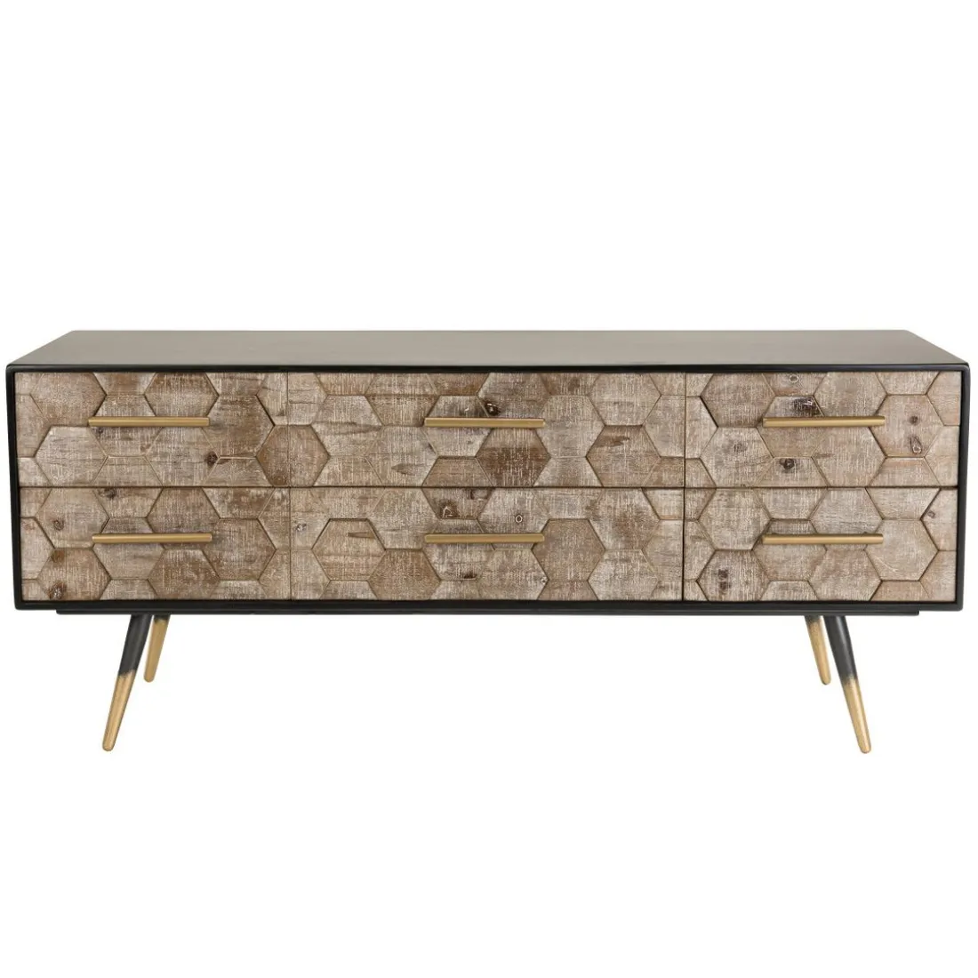 Meuble TV scandinave 6 tiroirs en sapin pieds métal - DEBBIE