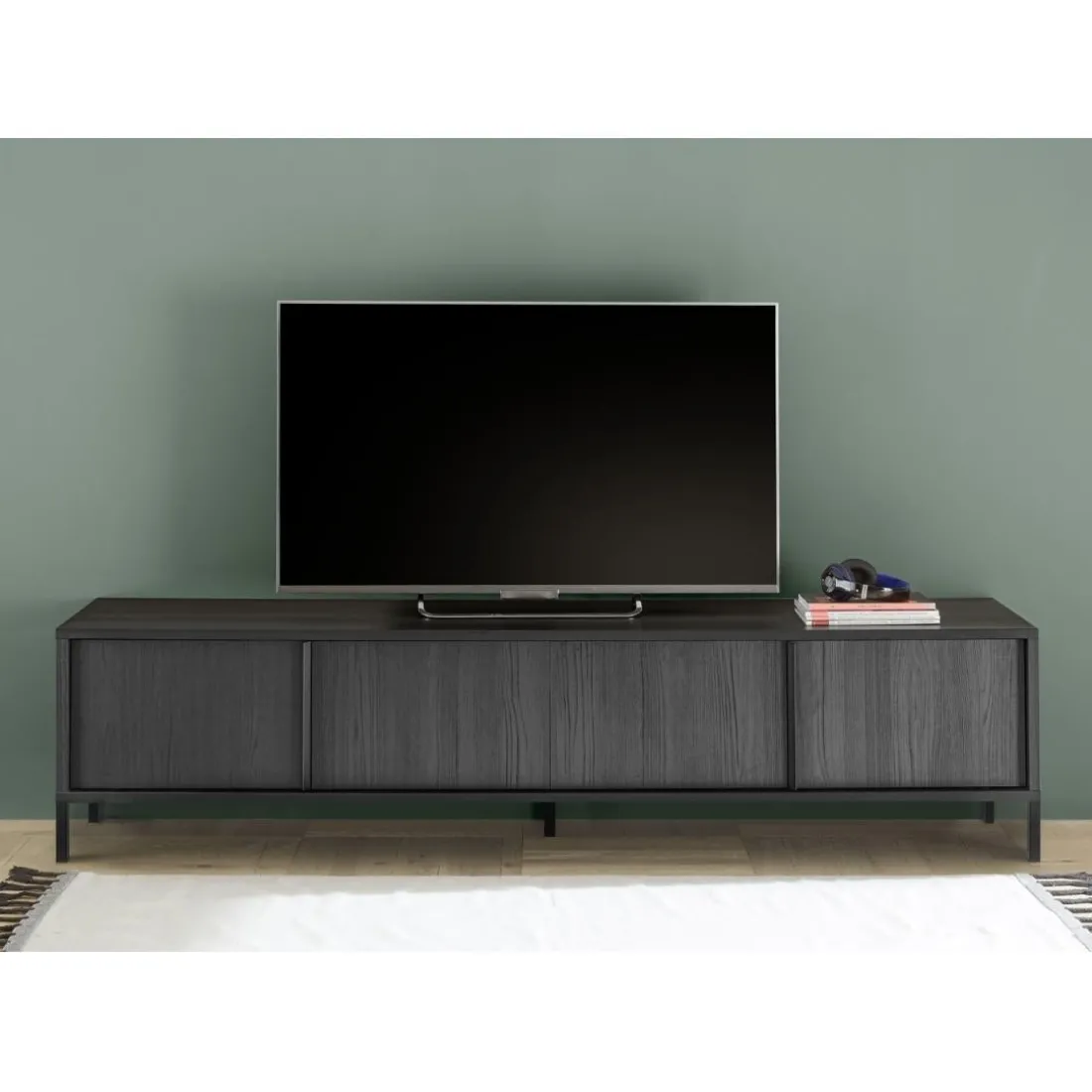 Meuble TV STEEL lowboard 4 portes chene noir