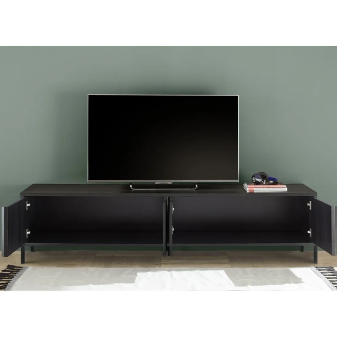 Meuble TV STEEL lowboard 4 portes chene noir