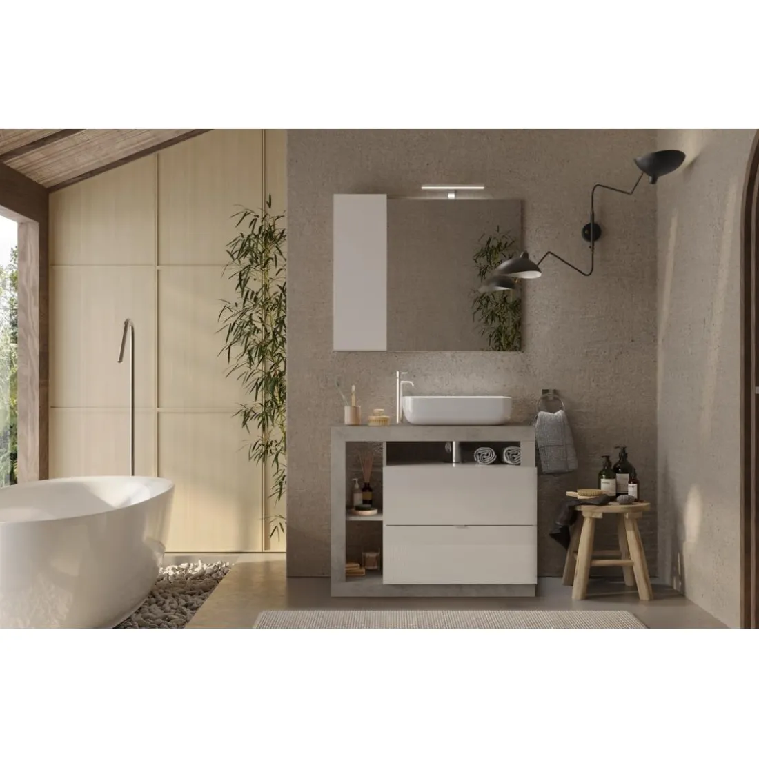 Miroir Led avec Colonne Integrée 1 Porte coloris Béton L92 cm