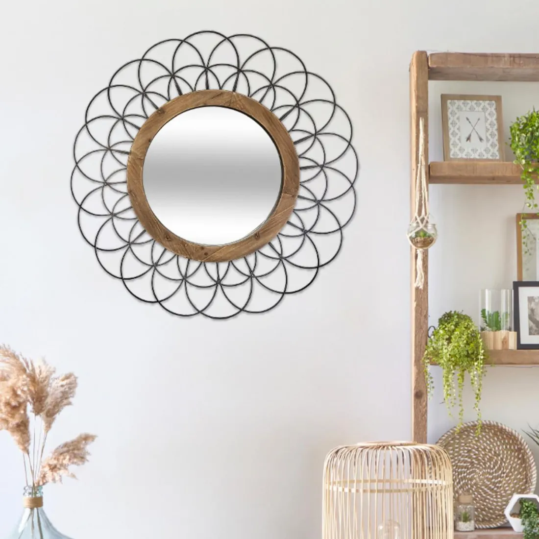 Miroir Métallique et Bois en Forme de fleur