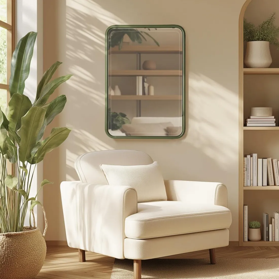 Miroir rectangulaire angles arrondis en métal vert HELENA