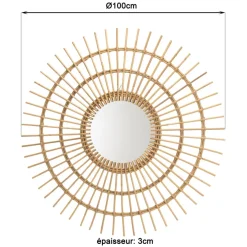 Miroir rond modèle soleil en rotin couleur brun miel KALLY