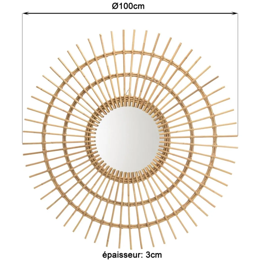 Miroir rond modèle soleil en rotin couleur brun miel KALLY