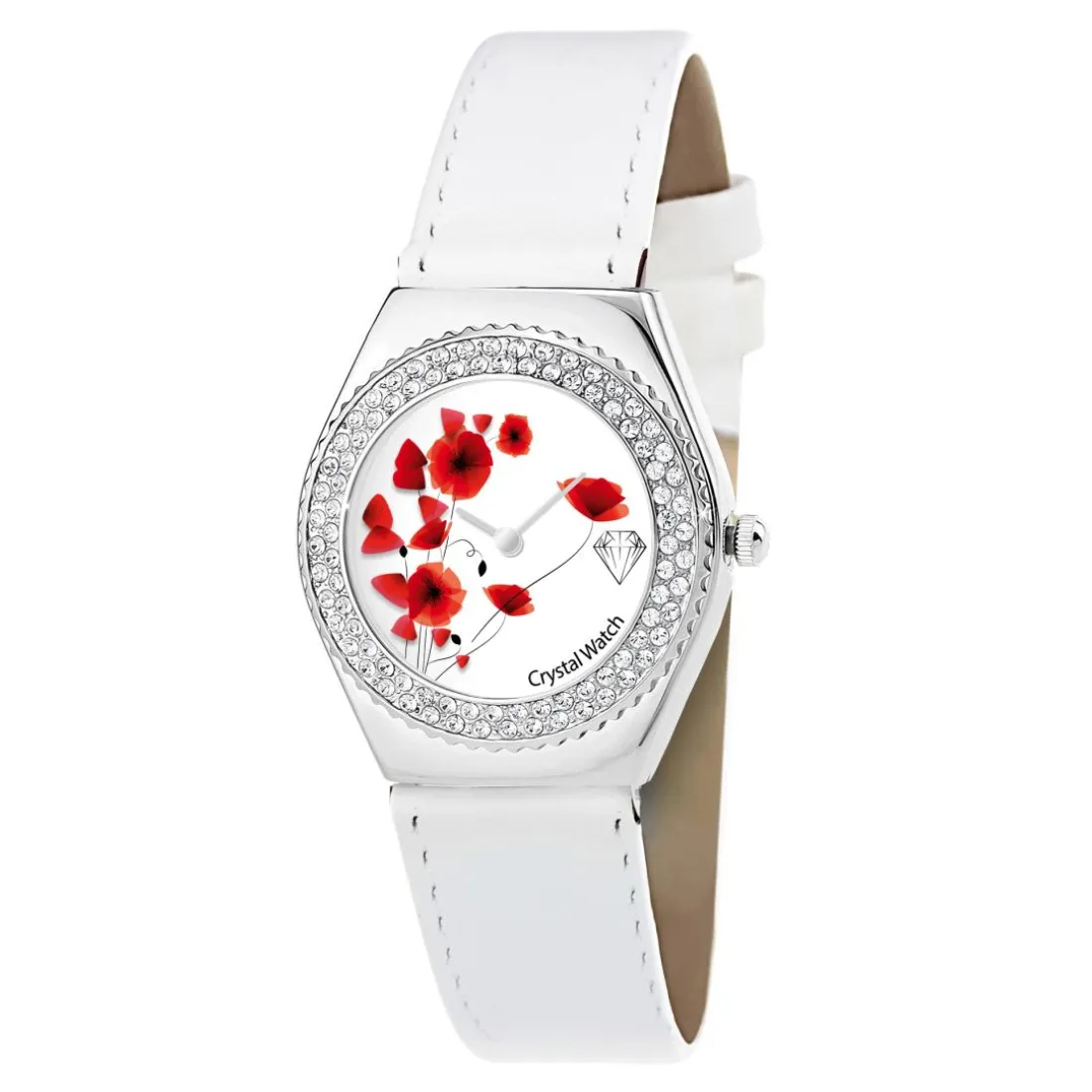 Montre Alysson Coquelicot blanche à mouvement tournant ornée de Cristaux scintillants
