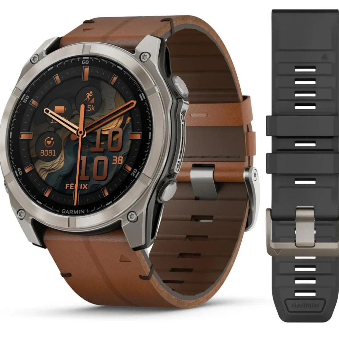 Montre Connectée Garmin - 010-02905-40 Fēnix 8 Amoled - 51Mm - Sapphire, Titane, Carbon Gray Dlc Avec Bracelet Cuir Marron + Bracelet Silicone Noir