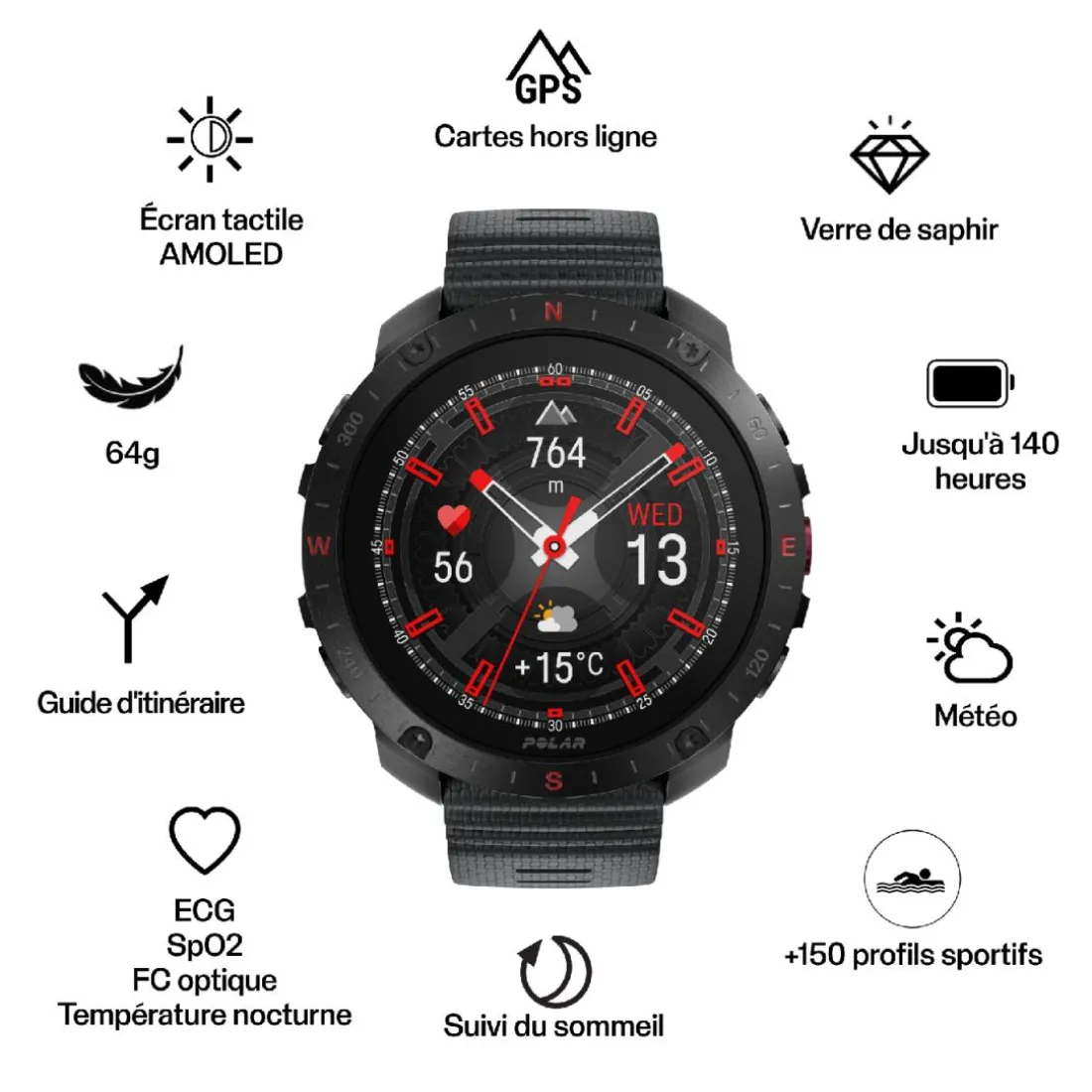 Montre Connectée Mixte 900110286 - POLAR Grit X2 Pro Black S-L + H10