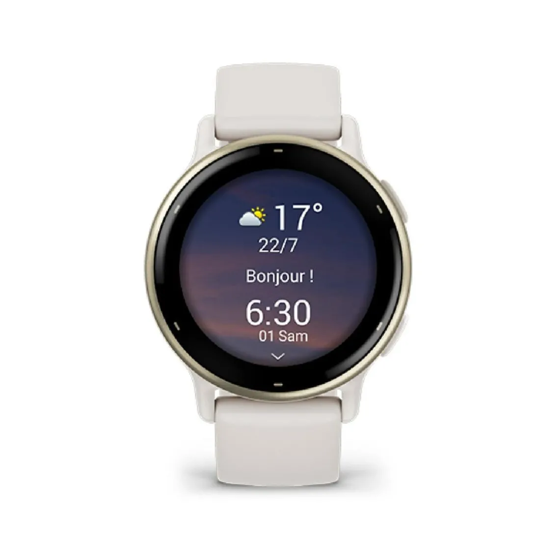 Montre connectée Mixte Garmin VÍVOACTIVE® 5 Lunette aluminium Soft Gold, boitier ivoire et bracelet silicone ivoire