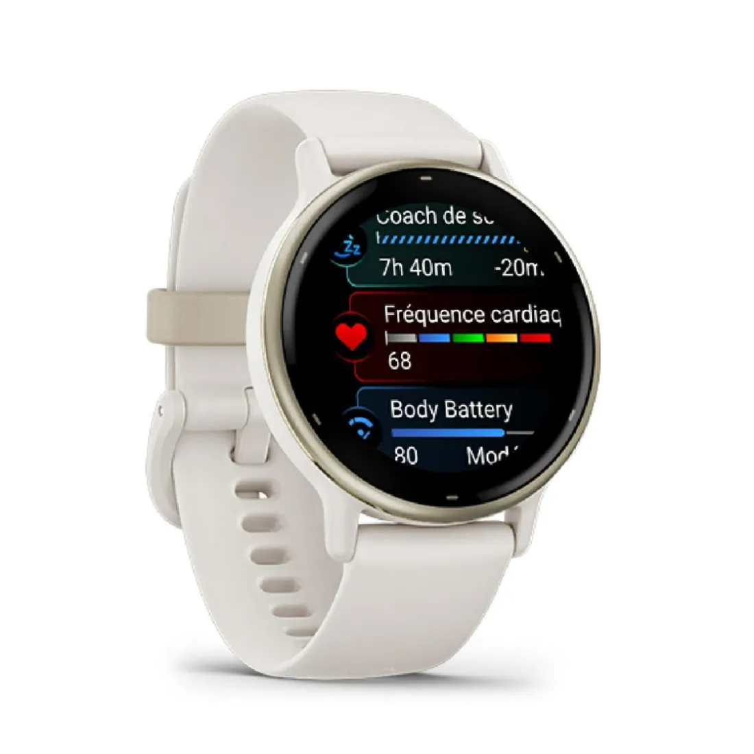 Montre connectée Mixte Garmin VÍVOACTIVE® 5 Lunette aluminium Soft Gold, boitier ivoire et bracelet silicone ivoire