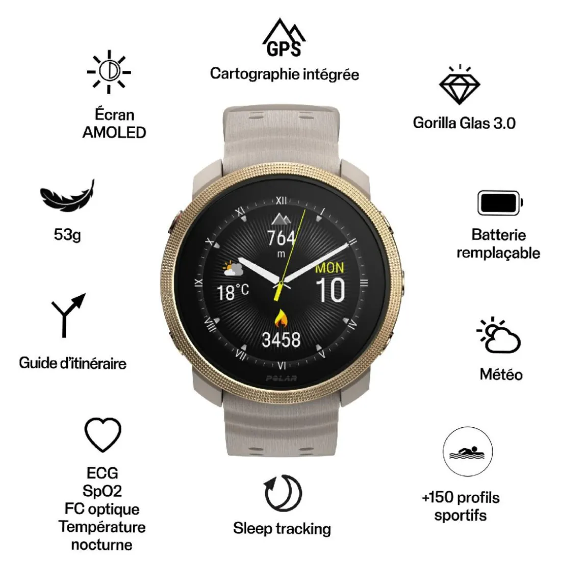 Montre connectée Mixte POLAR Vantage M3 Greige Sand - 900112399 Bracelet Silicone Beige