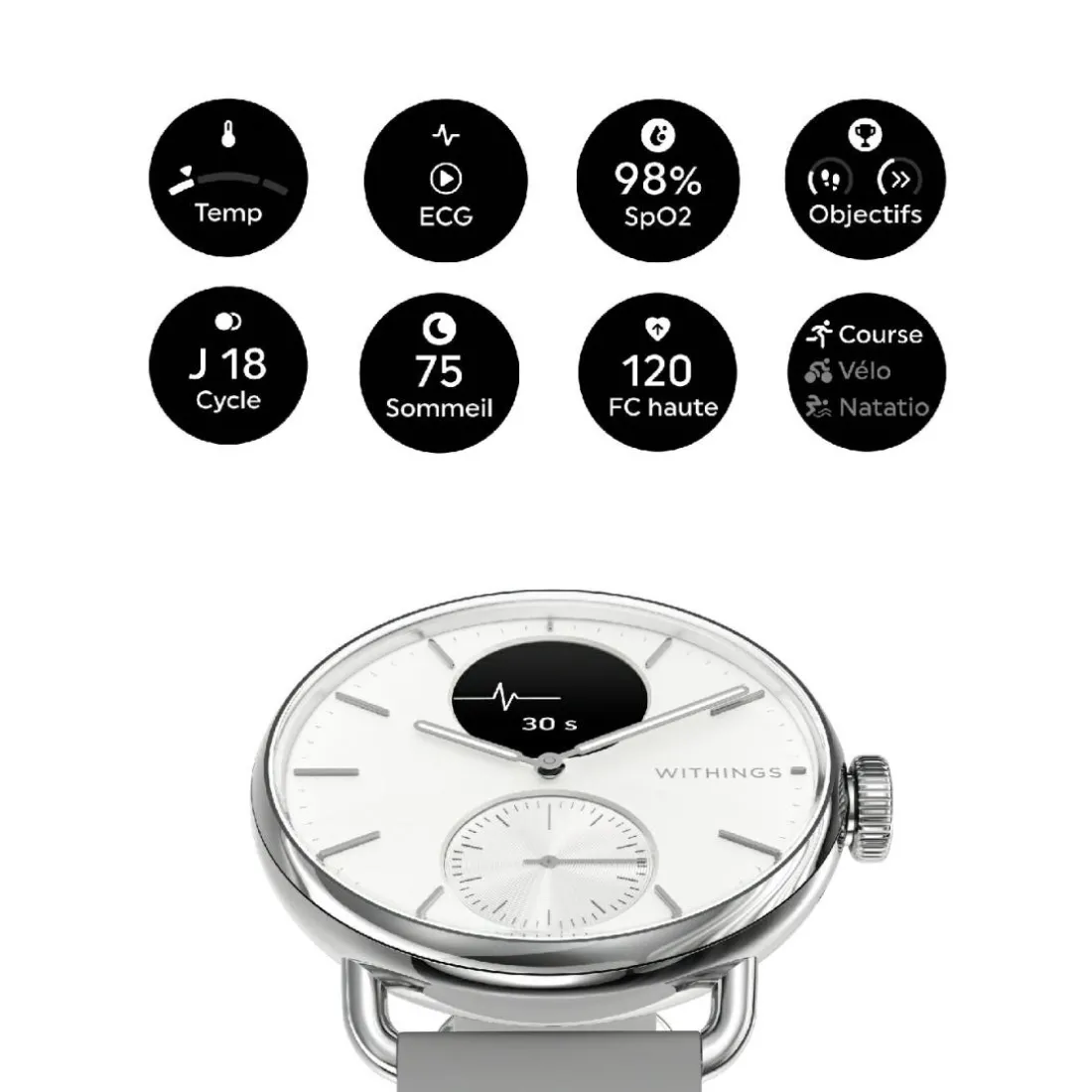 Montre de Santé Connecté Femme Withings Scanwatch 2 - Wsw 238 White Bracelet Caoutchouc Gris